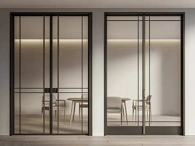 Black Framed Glass Sliding Doors In Modern Minimalist Indoor Space With Tables And Chairs 3d model