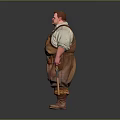 3D Fat Man Character In Suspenders White Shirt With Tool Belt Guns And Gray Background