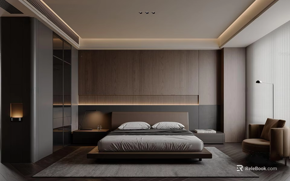 Modern Bedroom Interior Design With Wooden Accent Wall Minimalist Bed And Area Rug 3d model 
