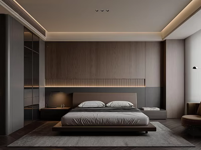 Modern Bedroom Interior Design With Wooden Accent Wall Minimalist Bed And Area Rug 3d model