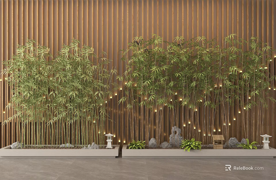 Tall Bamboo Plants With String Lights In Front Of Wooden Wall And Stone Decorations 3d model 