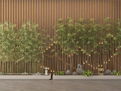 Tall Bamboo Plants With String Lights In Front Of Wooden Wall And Stone Decorations 3d model