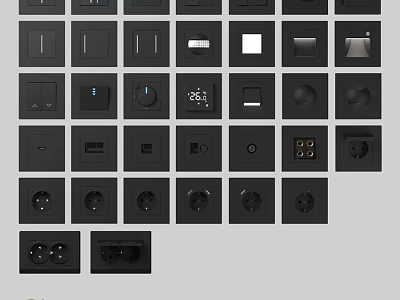 Black Electrical Switch and Socket Panels with Various Designs for Daily Use 3d model