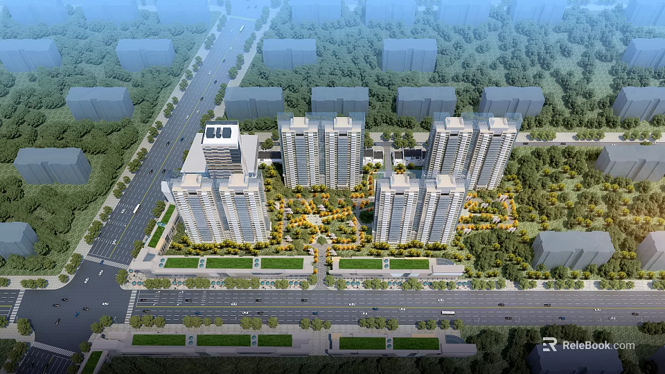 Aerial Planning of Modern High Rise Residential Community with Green Areas and Road Layouts 3d model 