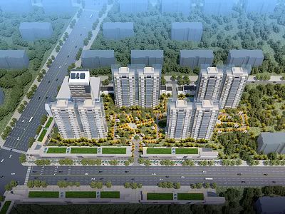 Aerial Planning of Modern High Rise Residential Community with Green Areas and Road Layouts 3d model