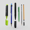 Assorted Colorful Writing Pens Including Yellow Highlighter Blue Fountain Pen and Orange Pencil