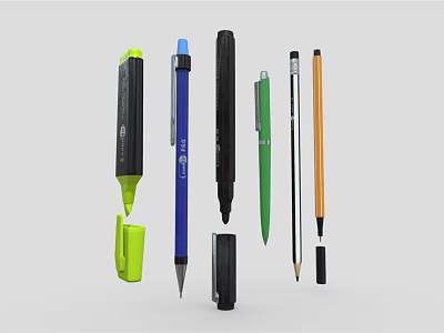 Assorted Colorful Writing Pens Including Yellow Highlighter Blue Fountain Pen and Orange Pencil 3d model