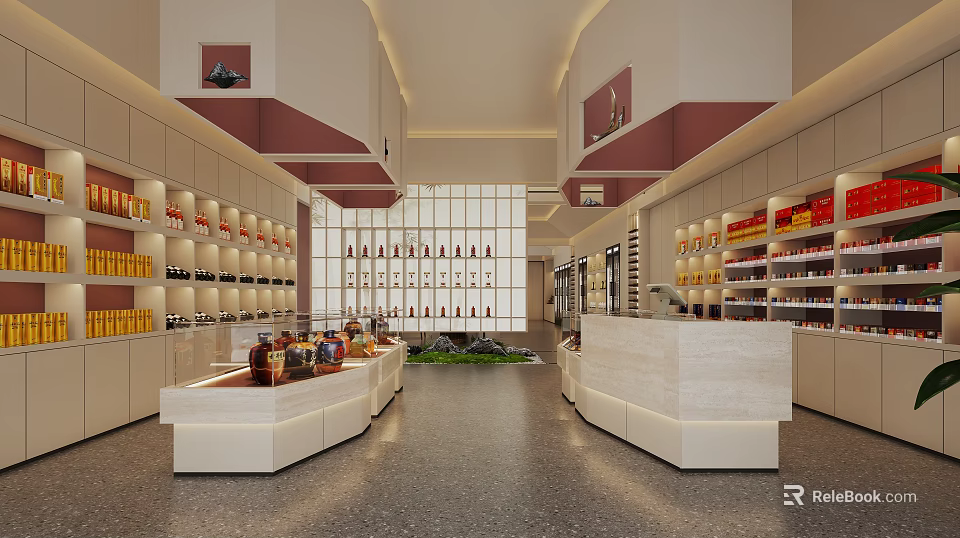 Modern Tobacco and Liquor Store Interior With Shelves Stocked Various Products And White Counter Layout 3d model 