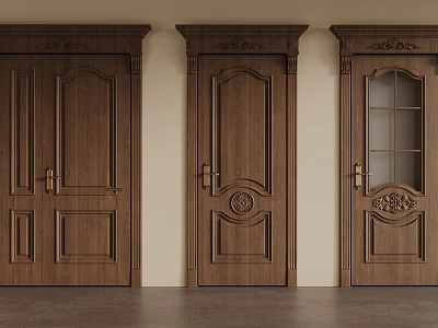 Elegant Wooden Hinged Doors With Carved Designs And Glass Panel For Home Interior Decor 3d model