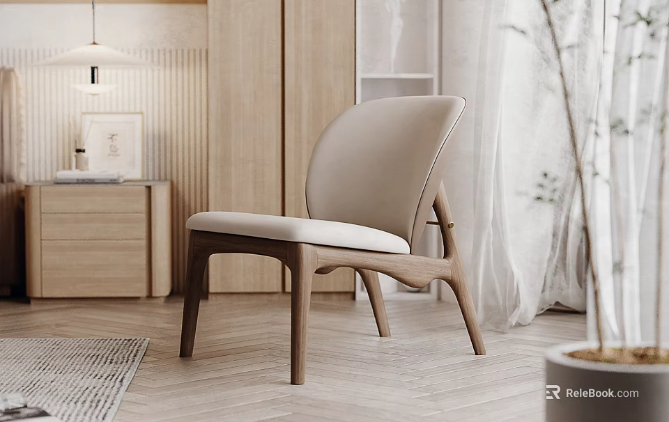 Light Beige Upholstered Leisure Chair With Curved Backrest And Wooden Frame In Modern Indoor Setting 3d model 