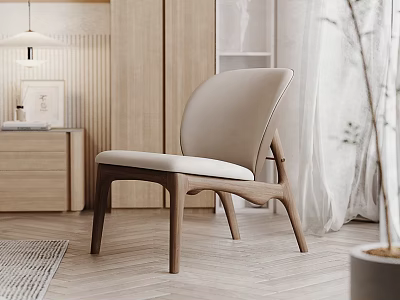 Light Beige Upholstered Leisure Chair With Curved Backrest And Wooden Frame In Modern Indoor Setting 3d model