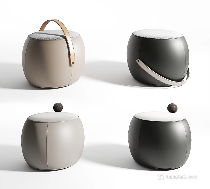 Round Stools In Beige And Black With White Cushions Leather Handles And Small Ball Accents 3d model 