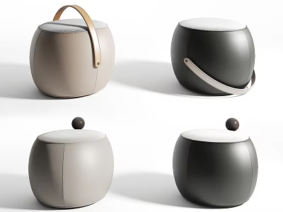 Round Stools In Beige And Black With White Cushions Leather Handles And Small Ball Accents 3d model