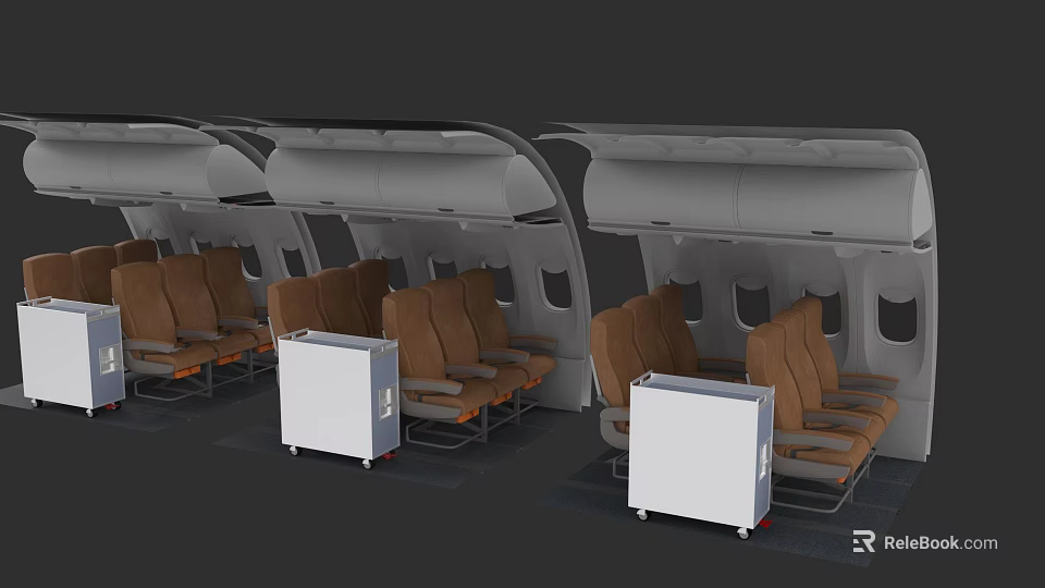 Spacious Airplane Cabin Interior With Brown Passenger Seats And Overhead Bins 3d model 