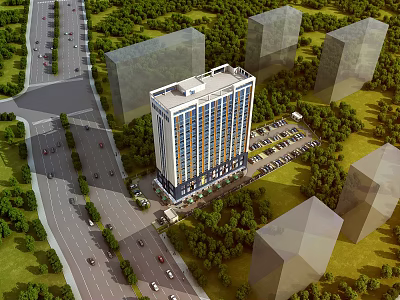 Modern High Rise Residential Building With Greenery Parking Lot And Road Access 3d model