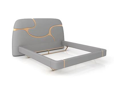 Modern Gray Double Bed With Gold Accent Upholstered Headboard And Frame 3d model