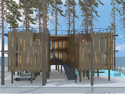 Modern Elevated Wooden House With Pine Trees Open Deck And Water View 3d model