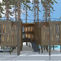 Modern Elevated Wooden House With Pine Trees Open Deck And Water View