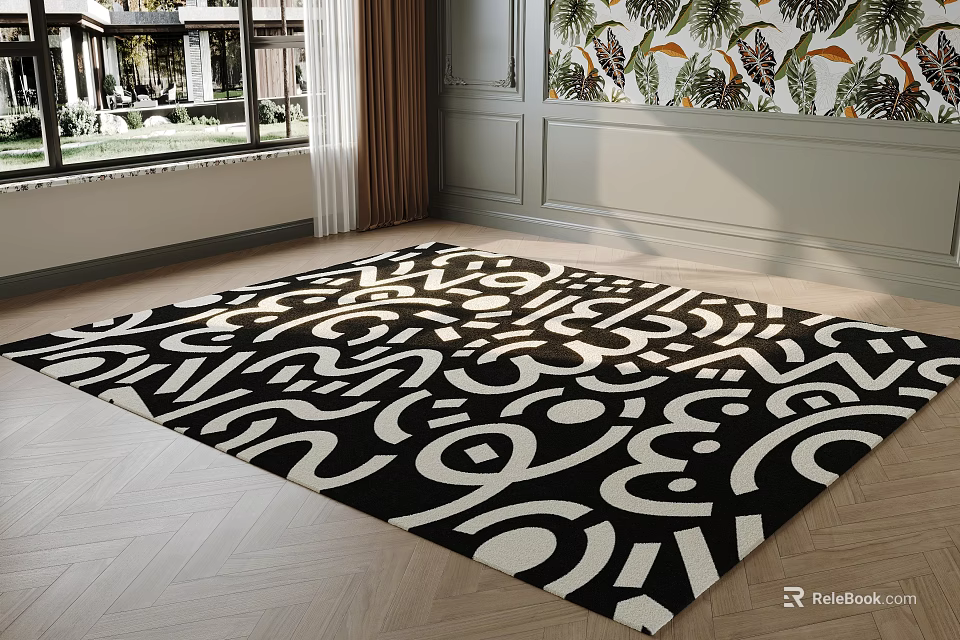 Artistic Black And White Square Carpet In Modern Living Room 3d model 