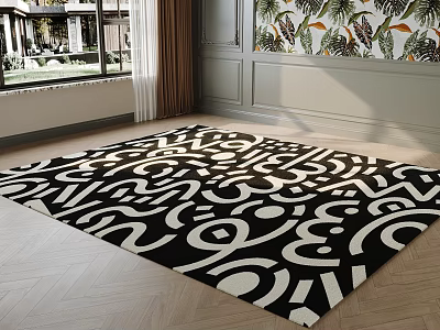 Artistic Black And White Square Carpet In Modern Living Room 3d model