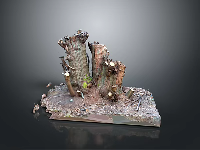 Natural Stone and Wood Decorative Artwork With Tree Stumps And Rough Textured Base 3d model