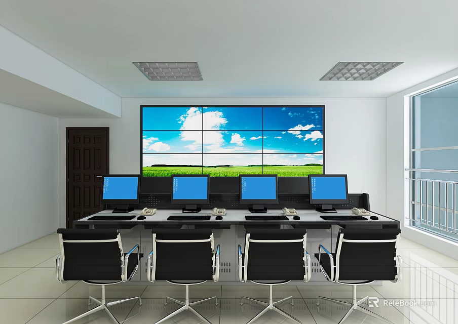 Modern Monitoring Room Interior With Large Multi Screen Display Multiple Computer Monitors And Workstations 3d model 