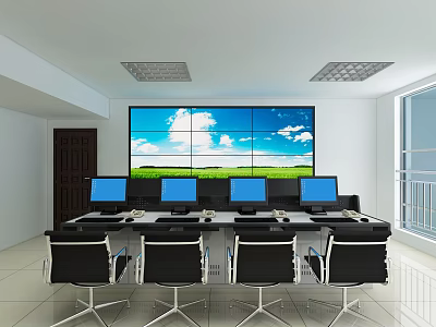 Modern Monitoring Room Interior With Large Multi Screen Display Multiple Computer Monitors And Workstations 3d model