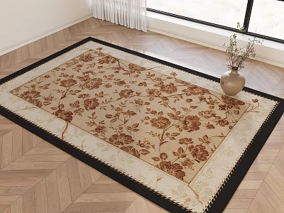 Square Rug With Beige Brown Floral Pattern On Wooden Floor In Room 3d model
