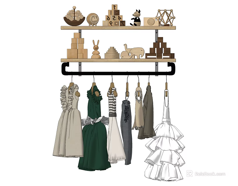 Hanging Dresses on Wardrobe Hangers with Decorative Shelf Items Above 3d model 
