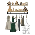 Hanging Dresses on Wardrobe Hangers with Decorative Shelf Items Above