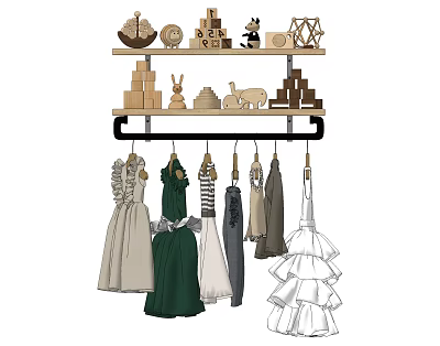 Hanging Dresses on Wardrobe Hangers with Decorative Shelf Items Above 3d model