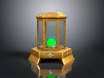 Ornate Golden Lantern Shaped Display Case With Green Orb And Decorative Base 3d model