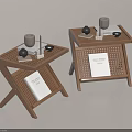Modern Wooden Side Tables With Tray Top Rattan Panel And Decorative Items