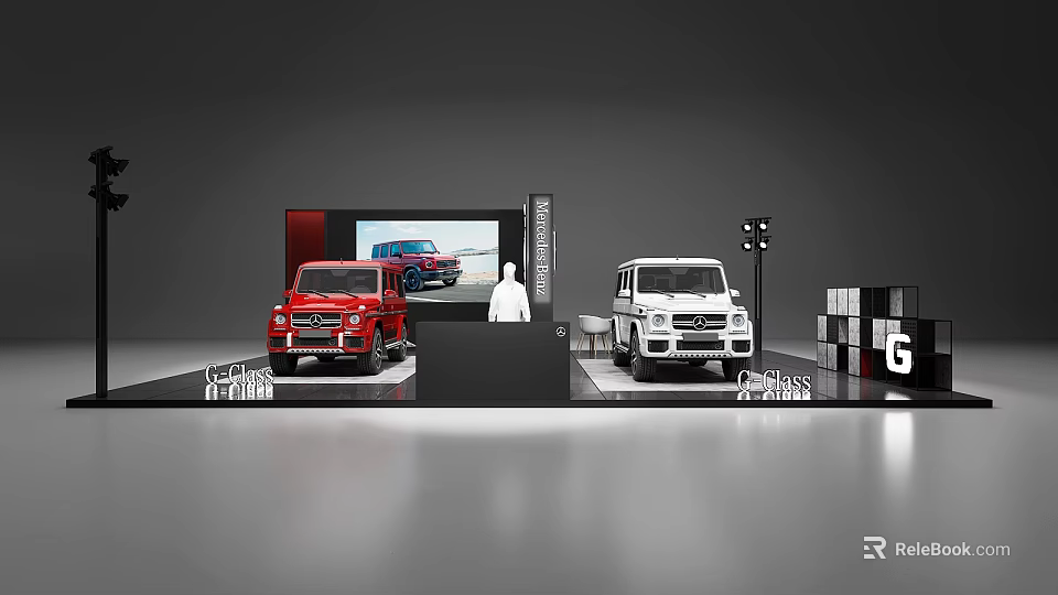 Red White Mercedes G Class Cars On Display Stand With Screen And G Logo 3d model 