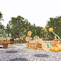 Garden Landscape Featuring Orange Trees Pumpkins Stone Paved Area And Wooden Carts