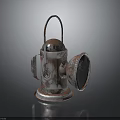 Vintage Kerosene Lantern Metal Body With Rustic Patina Worn Handle Open Shade And Reflective Base