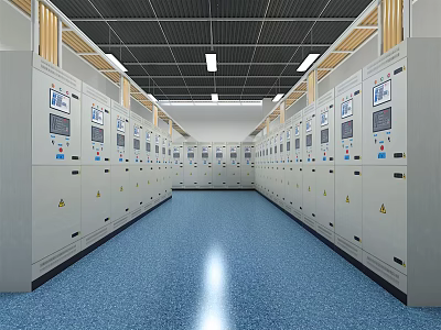 Neatly Arranged Control Cabinets In Modern Control Room With Blue Floor And Ceiling Lights 3d model