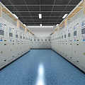 Neatly Arranged Control Cabinets In Modern Control Room With Blue Floor And Ceiling Lights