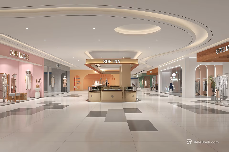 Modern Shopping Mall Interior Featuring Retail Stores Service Desk And Patterned Floor Tiles 3d model 