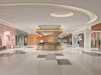 Modern Shopping Mall Interior Featuring Retail Stores Service Desk And Patterned Floor Tiles 3d model