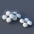 White Meringue Desserts Displayed in Three Transparent Plastic Containers on Grey Background 3d model