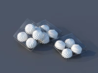 White Meringue Desserts Displayed in Three Transparent Plastic Containers on Grey Background 3d model