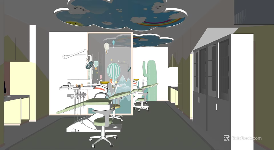 Pediatric Dental Clinic Interior Design With Dental Chairs Cartoon Clouds Rainbow And Cactus 3d model 