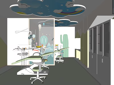 Pediatric Dental Clinic Interior Design With Dental Chairs Cartoon Clouds Rainbow And Cactus 3d model