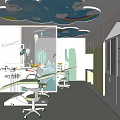 Pediatric Dental Clinic Interior Design With Dental Chairs Cartoon Clouds Rainbow And Cactus