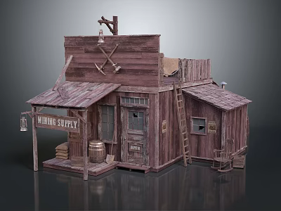 Vintage Wooden Cabin Mining Supply Store With Ladder And Wooden Barrel Exterior 3d model