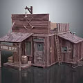 Vintage Wooden Cabin Mining Supply Store With Ladder And Wooden Barrel Exterior
