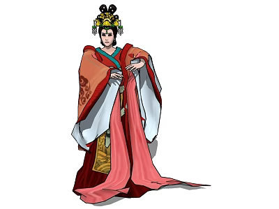 Elegant Historical Game Movie Character In Traditional Red And White Robe With Elaborate Headdress 3d model