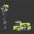 Large Transformable Robot Figure With Multiple Small Construction Vehicles In Black Yellow Purple 3d model