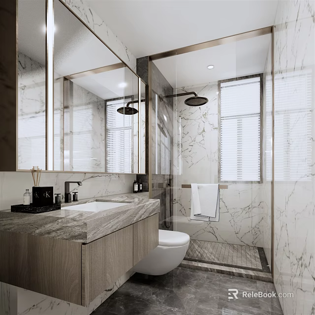 Modern Bathroom Interior Design With Marble Walls Mirror Vanity Toilet And Shower Area 3d model 